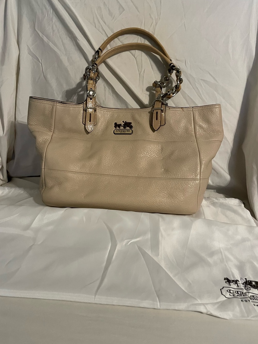 Coach Beige Leather Tote with Chain-Detail Handles